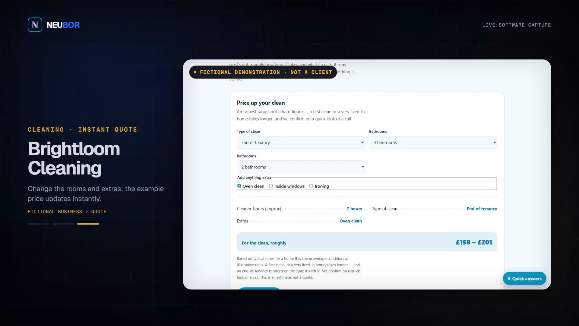 Brightloom Cleaning instant-quote demonstration in the Neubor showreel